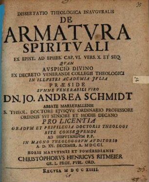 Diss. theol. inaug. de armatura spirituali, ex epist. ad Ephes. Cap. VI. Vers. X ...