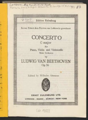 Concerto C major for piano, violin and violoncello with orchestra : op. 56