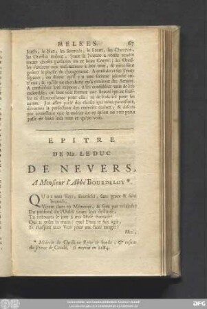 Epitre De Mr. Le Duc De Nevers, A Monsieur l'Abbé Bourdelot.