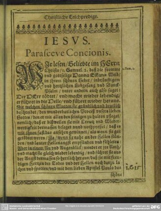 Leichenpredigt : Christliche Leichpredigt. Parasceve Concionis. Textus. Exordium. Loci Primi Tractatio. De II. Loco