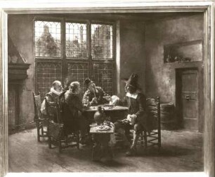 Rauch- und Trinkszene in holländischem Interieur des 17. Jahrhunderts : Rauch- und Trinkszene in holländischem Interieur des 17. Jahrhunderts. Gemälde (um 1900)
