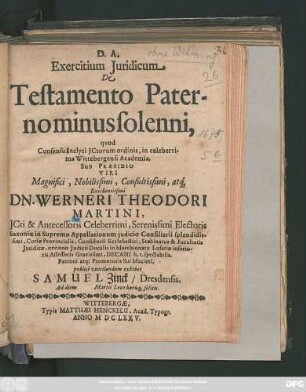 Exercitium Iuridicum De Testamento Paterno minus solenni