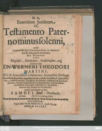 Exercitium Iuridicum De Testamento Paterno minus solenni