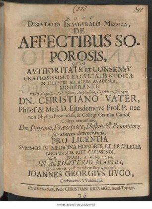 Disputatio Inauguralis Medica, De Affectibus Soporosis