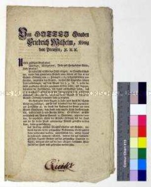 Spezialbefehl von Friedrich Wilhelm II. König von Preußen an das Kammergericht betreffend Modifizierung der geltenden Gesindeordnung in Lohnfragen während Kriegszeiten
