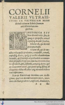 Cornelii Valerii Tabula summam artis Rhetoricae complectens.