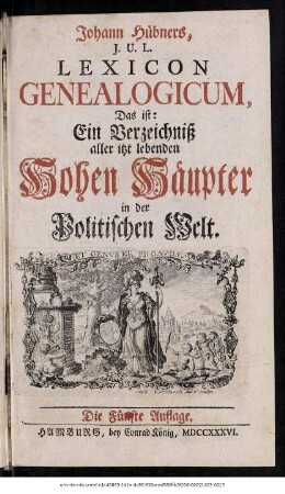 Johann Hübners, J. U. L. Lexicon Genealogicum, Das ist: Ein Verzeichniß aller itzt lebenden Hohen Häupter in der Politischen Welt