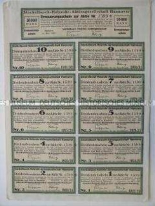 Dividendenscheine der Aktie Nr.1599 der Stockelbusch Holzrohr Aktiengesellschaft Hannover