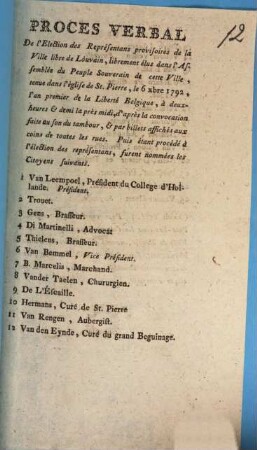 proces Verbal De l#Election des Représentans provisoires de la Ville libre de Louvain, librement élus dans l'Assemblée du Peuple Souverain de cette Ville, ...