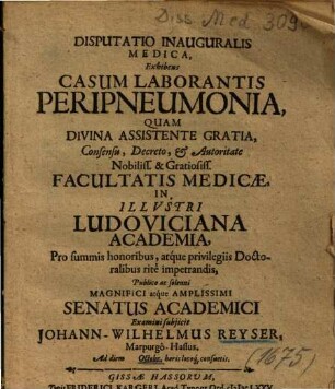 Disputatio Inauguralis Medica, Exhibens Casum Laborantis Peripneumonia