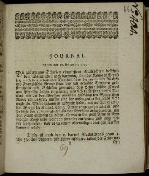 Journal Wien den 10. December 1757 : [Haupt-Quartier Breslau den 25. Nov. 1757]