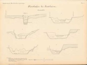 Mainkanalisierung. Floßhafen, Kostheim: Querschnitte 1:500 (Längen), 1:100 (Höhen)