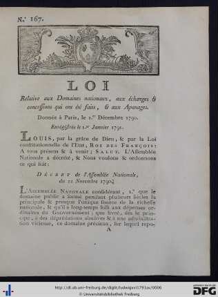 Loi Relative aux Domaines nationaux, aux échanges & concessions qui ont été faits, & aux Apanages.