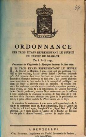 Ordonnance Des Trois Etats Representant Le Peuple Du Duche de Brabant. Du 8 Avril 1790