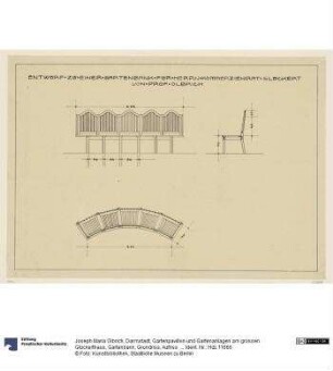 Darmstadt, Gartenpavillon und Gartenanlagen am grossen Glückerthaus, Gartenbank, Grundriss, Aufriss und Schnitt