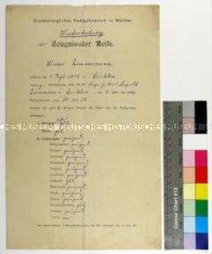 Wiederholungszeugnis der Reife des Großherzoglichen Realgymnasiums in Weimar für den Schüler Werner Zimmermann