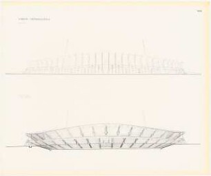Stadion Oberwiesenfeld, München: Mappe »Wettbewerb Stadion München, Entwurf Professor Werner March«. Außenansicht Ost, Schnitt Nord-Süd mit Innenansicht West, ca. 1:660