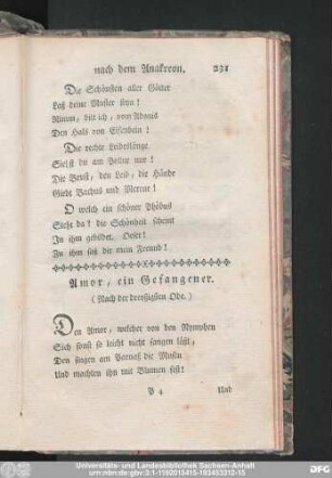 Amor, ein Gefangener. (Nach der dreyßigsten Ode.)