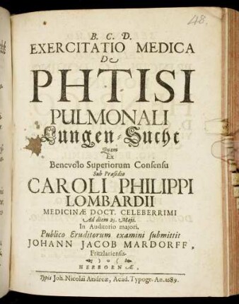 Exercitatio Medica De Phtisi Pulmonali Lungen-Sucht