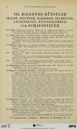 III. Bildende Künstler (Maler, Zeichner, Radierer, Bildhauer, Architekten, Kunstgelehrte) und Schauspieler (Nr. 300-406)