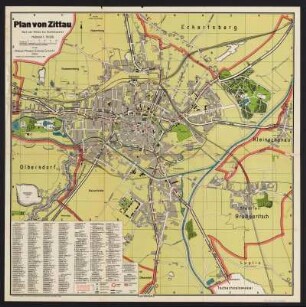 Plan von Zittau , 1:10 000, Lithographie, 1938 : Plan von Zittau / nach Plänen des Stadtbauamtes. - [1938]. - 1:10 000. - Zittau : Haupt u. Schwager, [1938]. - Zittauer Morgen-Zeitung. - 1 Kt. : Lithogr. ; 50,0 x 49,7 cm. - Mit Straßenverz. u. Zeichenerklärung