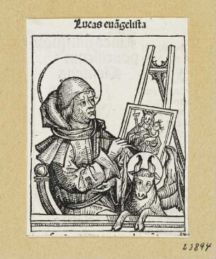 Bildnis Evangelist Lukas, aus: Hartmann Schedel, "Registrum huius operis libri cronicarum cu figuris et ymagibus ab inicio mudi", Nürnberg 12.7.1493, fol. CVIII