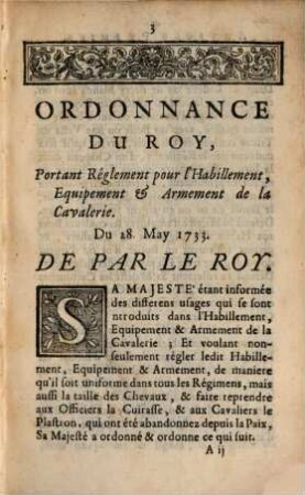 Ordonnance du roy, portant Reglement pour l'Habillement ... de la Cavalerie