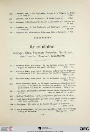Antiquitäten. Steingut, Glas, Fayence, Porzellan, Schildpatt, Verni martin, Elfenbein, Miniaturen (Nr. 257-397)