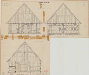 Dehlentrup (Kreis Detmold): Hof Brede. Haupthaus (Ostansicht, Westansicht, Querschnitt)