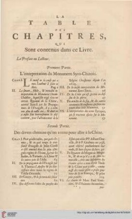 La table des chapitres que sont contenus dans ce livre