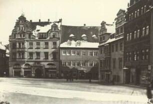 Meißen, Marktplatz mit Apotheke (Eckhaus rechts, Markt 4, mit Erker und 2 Giebeln)
