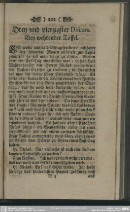 Drey und vierzigster Discurs. Bey wehrender Taffel