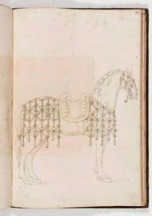 Pferd mit Prachtreitzeug, Kopfschmuck und Sattel, in: Equestrium statuarum [...] formae [...] artificiosissime pictis, Bl. 91