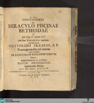 Cogitationes de miracvlo piscinae Bethesdae : ad Joh. Cap. V. comm. I-V. placidae ...