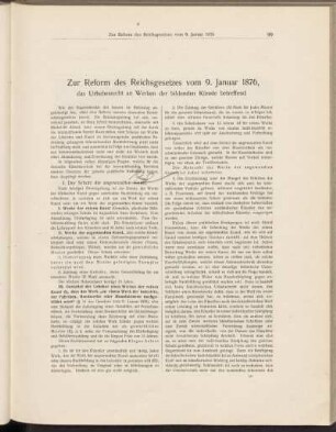 Zur Reform des Reichsgesetzes vom 9. Januar 1876, das Urheberrecht an Werken der bildenden Künste betreffend