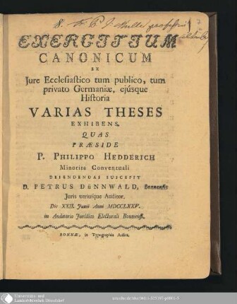 Exercitium Canonicum Ex Jure Ecclesiastico tum publico, tum privato Germaniæ, ejúsque Historia Varias Theses Exhibens