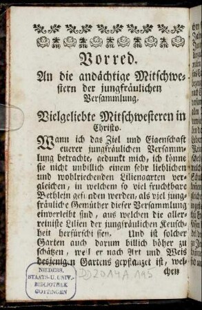 Vorred. An die andächtige Mitschwestern der jungfräulichen Versammlung.