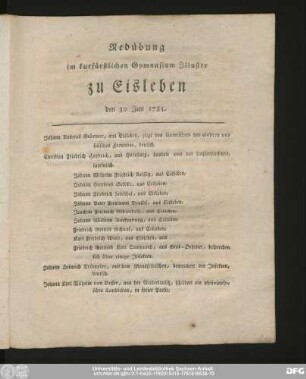 Redübung im kurfürstlichen Gymnasium Illustre zu Eisleben den 30 Jun 1785.