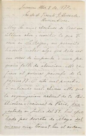 [Carta de Benjamín Posse a Vicente Quesada en español, Tucumán, 8 de noviembre de 1877]