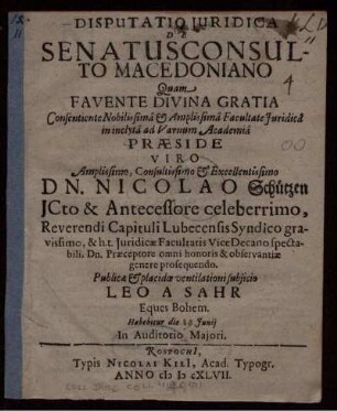 Disputatio Iuridica De Senatusconsulto Macedoniano