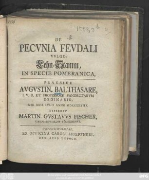 De Pecvnia Fevdali Vvlgo: Lehn-Stamm, In Specie Pomeranica