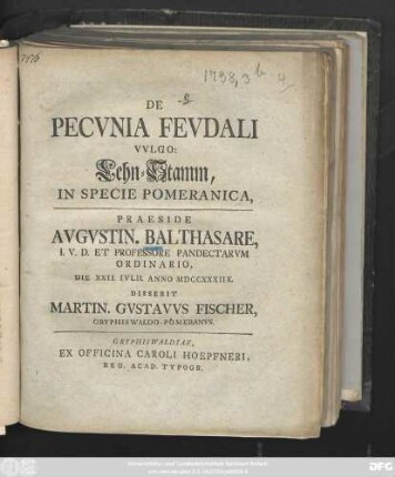 De Pecvnia Fevdali Vvlgo: Lehn-Stamm, In Specie Pomeranica