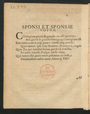 Sponsi Et Sponsae Votum.