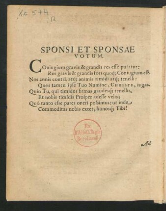 Sponsi Et Sponsae Votum.