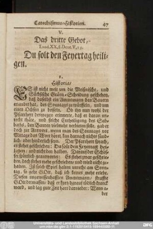 V. Das dritte Gebot, Exod. XX, 8. Deut. V, 13. Du solt den Feyertag heiligen.
