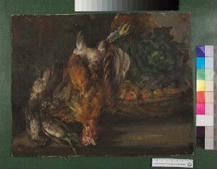 Stilleben mit toten Vögeln, Huhn und Früchtekorb