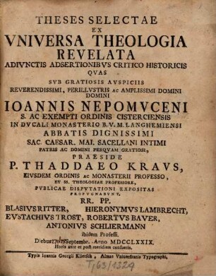Theses Selectae Ex Vniversa Theologia Revelata Adivnctvs Adsertionibvs Critico Historicis