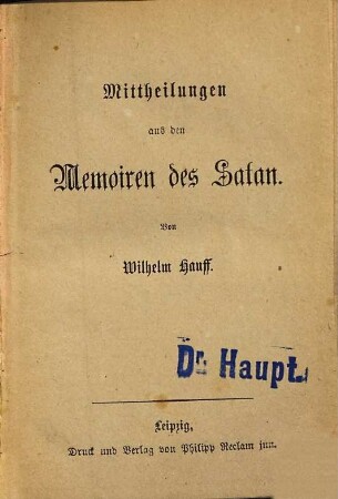 Mittheilungen aus den Memoiren des Satan : von Wilhelm Hauff
