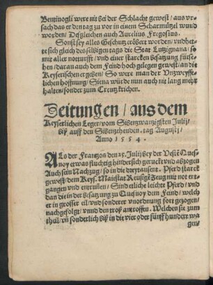 Zeitungen/ aus dem Keyserlichen Leger/ vom Sibenzwanzigsten Julii/ biß auff den Sibenzehenden. tag Augusti/ Anno 1554.