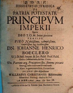 Dissertatio Jvridica De Patria Potestate Principvm Imperii